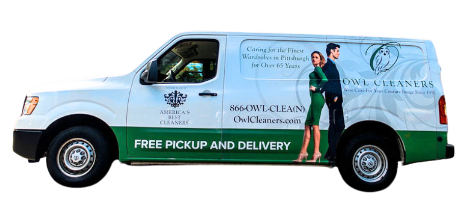 A white and green delivery van for Owl Cleaners, featuring a logo with an owl illustration