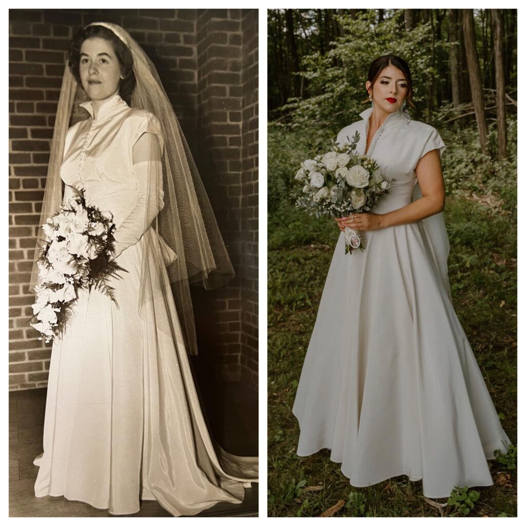 Two women are wearing similar elegant wedding dresses in different settings