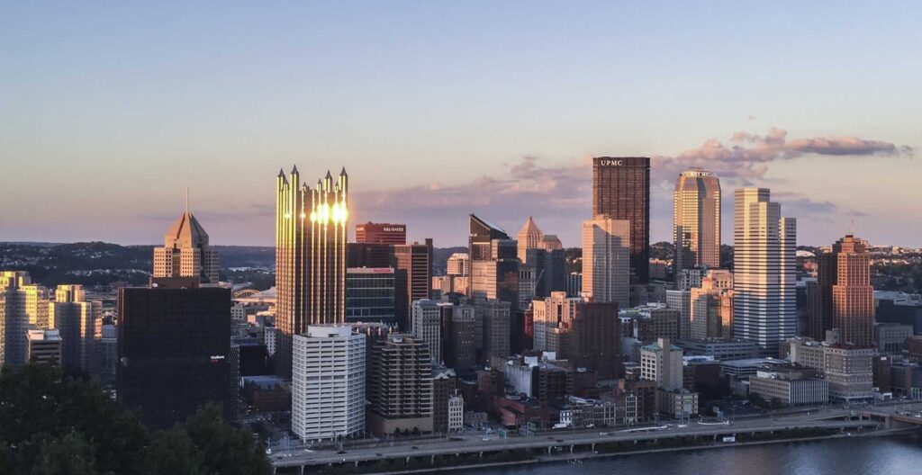 Pittsburgh skyline at sunset