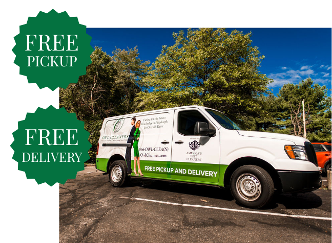 A white delivery van parked outdoors features branding for a dry cleaning service, including "FREE PICKUP AND DELIVERY" in green text