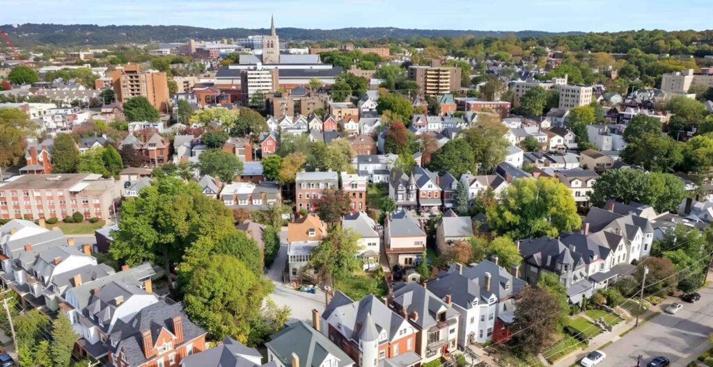 Aerial view of a suburban neighborhood